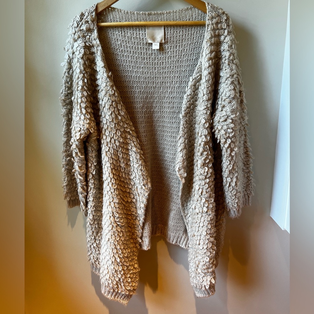 McGinn Open Textured Cardigan Sweater Looped Yarn Unique Quirky Cream Tan M L